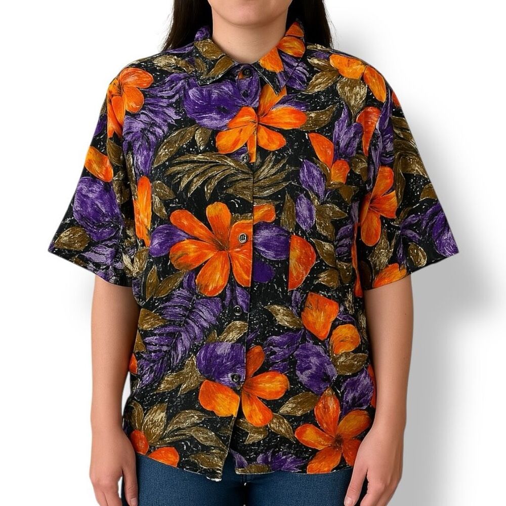 Vintage 90s Rayon Dark Floral Shirt Short Sleeve Black Oversized Tropical Vacay